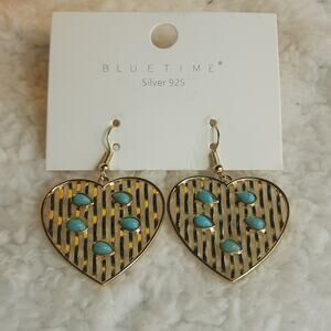 Heart Shaped Gold-Tone Dangle Earrings Turquoise Accents